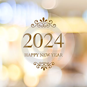Happy New Year 2024 on blur abstract bokeh background, new year greeting card, banner