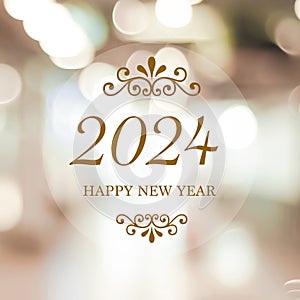 Happy New Year 2024 on blur abstract bokeh background, new year greeting card, banner