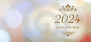 Happy New Year 2024 on blur abstract bokeh with copy space background, new year greeting card, banner
