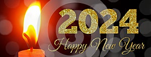 Happy New Year 2024 Bokeh Light And Candle light On Night Background.