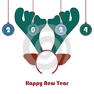 Happy New Year 2024 card with horned reindeer headband on white background vector illustration