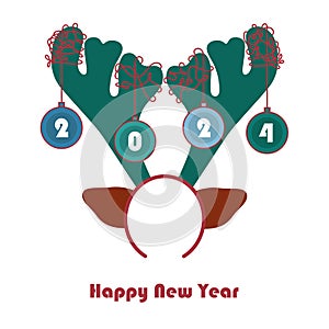 Happy New Year 2024 card with reindeer antlers headband on white background vector illustration