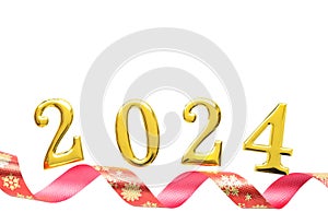Happy new year 2024 celebration, Gold numbers 2024 and red ribbon isolated on white background.