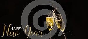 HAPPY NEW YEAR 2024 celebration holiday greeting card background banner - Champagne or sparkling wine glasses toasting in the