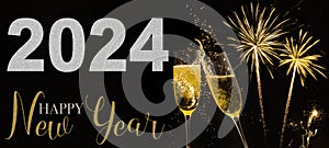 HAPPY NEW YEAR 2024 celebration holiday greeting card background banner - Champagne or sparkling wine glasses toasting and golden