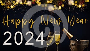 HAPPY NEW YEAR 2024 celebration holiday greeting card background with text - Champagne or sparkling wine bottle, bucket and