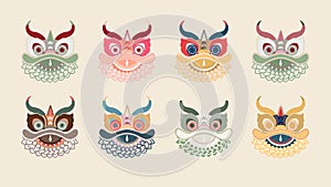 Happy New Year 2024, Chinese New Year. Set of multi-colored dragon masks. Year of the Dragon. Vector