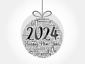 Happy New Year 2024, Christmas ball word cloud, holidays lettering collage