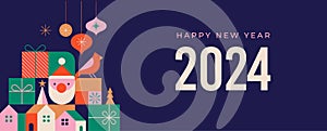 Happy New Year 2024. Christmas design in modern minimalist geometric style. Colorful illustration in flat cartoon style