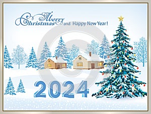 Happy New Year 2024. Christmas tree on background of winter landscape. Holiday banner, web poster, greeting card.