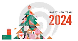 Happy New Year 2024. Christmas tree in modern minimalist geometric style. Colorful illustration in flat cartoon style