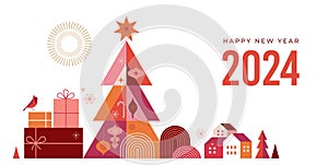 Happy New Year 2024. Christmas tree in modern minimalist geometric style. Colorful illustration in flat cartoon style