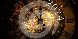 Šťastný nový 2024 hodiny ukazuje nový27předvečer ohňostroj v 