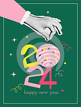 Happy New Year 2024 collage in trendy groovy collage style. Halftone hand holding number 2024 with mirror ball. Retro