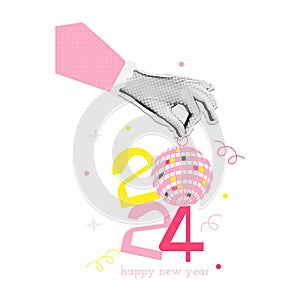 Happy New Year 2024 collage in trendy groovy collage style. Halftone hand holding number 2024 with mirror ball. Retro