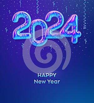 Happy New Year 2024. Colorful foil balloon numbers on blue background. High detailed 3D iridescent foil helium balloons. Merry