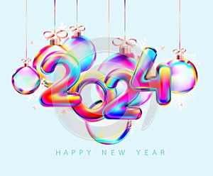 Happy New Year 2024 .Colorful number with iridescent Christmas decoration