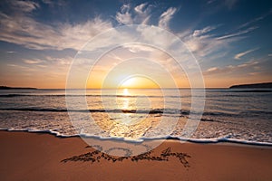 Happy New Year 2024 concept, lettering on the beach. Written text on the sea beach at sunrise