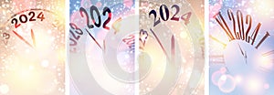 Happy new year 2024 countdown clock on golden and blue abstract glittering background with blurred sparkles and lights. Set of