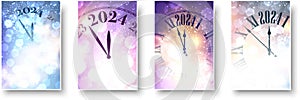 Happy new year 2024 countdown clock on purple and blue abstract glittering background with blurred sparkles and lights. Set of