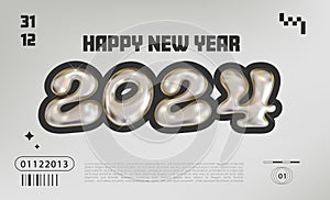 Happy new year 2024 design with chrome bubble typeface design. Trendy celebration banner with glossy liquid metal effect