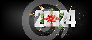 Happy New Year 2024 design with gift box. Holyday decorative elements on dark background. Vector illustration
