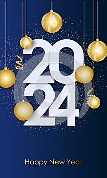 Happy New Year 2024 Elegant gold text with balloons and confetti. Realistic vector