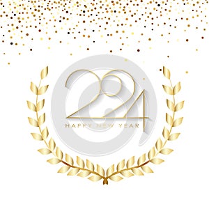 Happy New Year 2024 Elegant gold text with balloons and confetti. Realistic vector