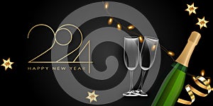 Happy New Year 2024 Elegant gold text with balloons and confetti. Realistic vector