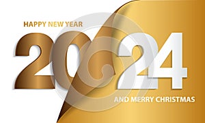 Happy New Year 2024 Elegant gold text with balloons and confetti. Realistic vector