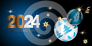 Happy New Year 2024 Elegant gold text with balloons and confetti. Realistic vector