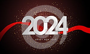 Happy New Year 2024 Elegant gold text with balloons and confetti. Realistic vector