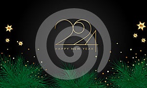 Happy New Year 2024 Elegant gold text with balloons and confetti. Realistic vector illustration