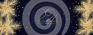 Happy New Year 2024 Elegant gold text with balloons and confetti. Realistic vector illustration