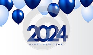 Happy New Year 2024 Elegant gold text with balloons and confetti. Realistic vector illustration