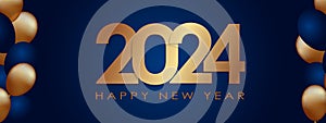 Happy New Year 2024 Elegant gold text with balloons and confetti. Realistic vector illustration