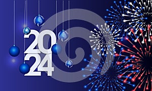 Happy New Year 2024 Elegant gold text with balloons and confetti. Realistic vector illustration