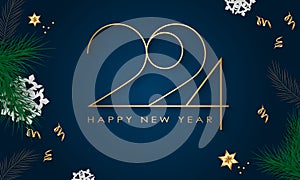 Happy New Year 2024 Elegant gold text with balloons and confetti. Realistic vector illustration