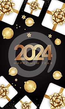 Happy New Year 2024 Elegant gold text with balloons and confetti. Realistic vector illustration