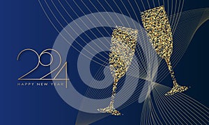 Happy New Year 2024 Elegant gold text with balloons and confetti. Realistic vector illustration