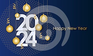 Happy New Year 2024 Elegant gold text with balloons and confetti. Realistic vector illustration