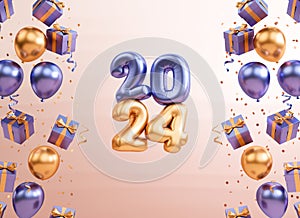 Happy New Year 2024 festive banner template with floating numbers, gifts, balloons and text space on a pastel background in 3D