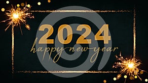 HAPPY NEW YEAR 2024 - Festive New Year\'s Eve Sylvester Party background greeting card - Gold frame, sparkling sparklers,