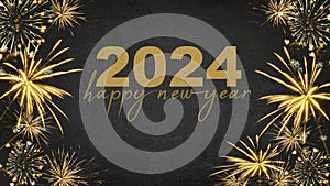 HAPPY NEW YEAR 2024 - Festive silvester New Year`s Eve Party background greeting card - Golden fireworks in the dark black night