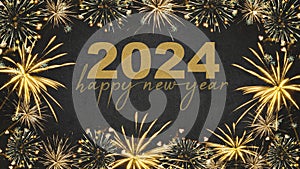 HAPPY NEW YEAR 2024 - Festive silvester New Year`s Eve Party background greeting card - Golden fireworks in the dark black night