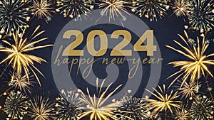 HAPPY NEW YEAR 2024 - Festive silvester New Year`s Eve Party background greeting card - Golden fireworks in the dark blue night