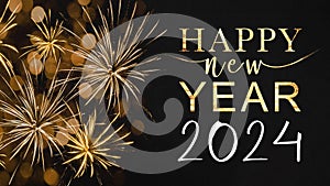 HAPPY NEW YEAR 2024 - Festive silvester New Year\'s Eve Sylvester concept background greeting card with text - Golden yellow