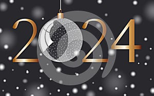 Happy New Year 2024. Festive winter banner on black snowy horizontal background with numbers and glass ball for christmas tree.