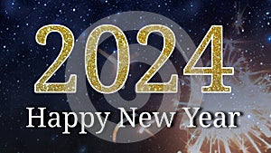 Happy New Year 2024 Firework And Sparkle With Beautiful Night Sky And Star Background.