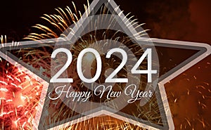 Happy New Year 2024 Firework And Sparkle On Beautiful Night Sky View.